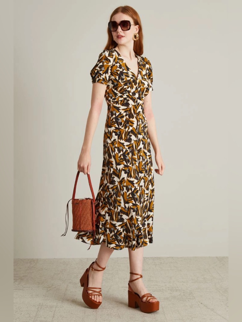 Nwt Weekend Max Mara Silk Affine Allover Floral Printed Midi Dress In Brown Sz 6